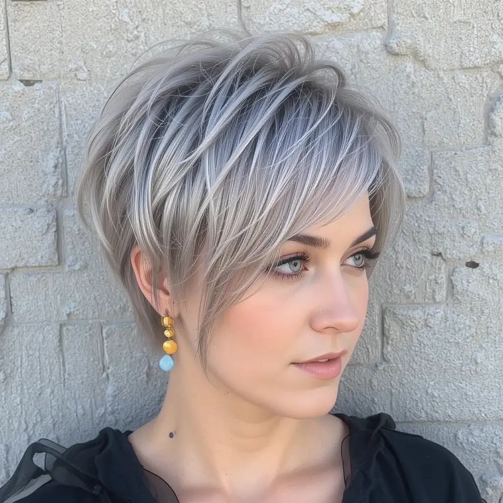 Platinum Gray Pixie with Piecey Layers
