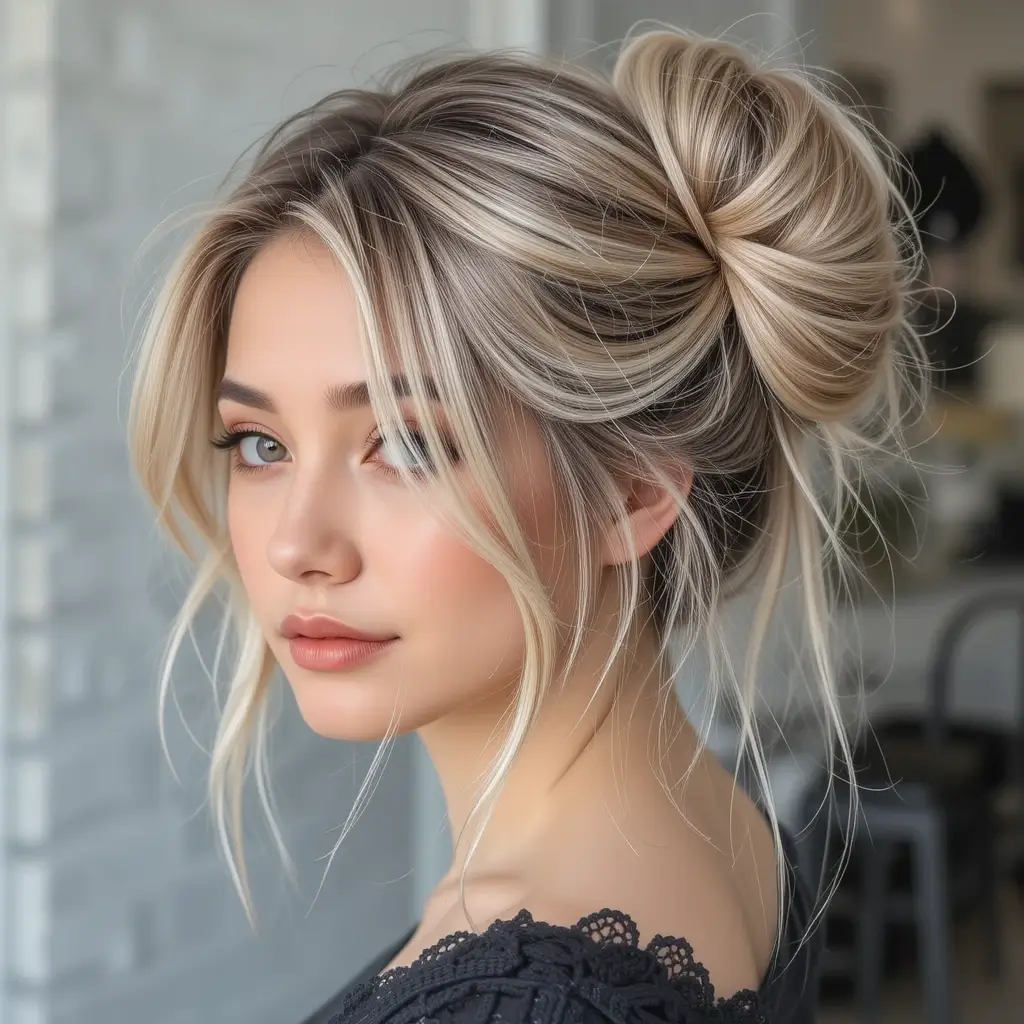 Ash Blonde Messy Bun with Strands