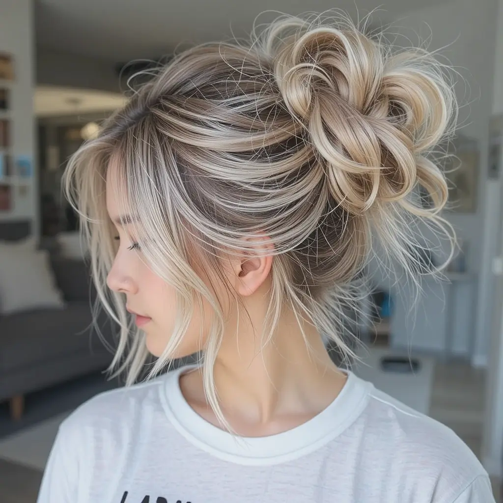Ash Blonde Messy Bun with Strands