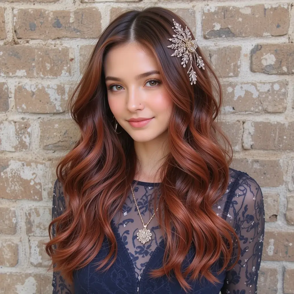 Auburn Spice Money Piece on Chocolate Brown Hair