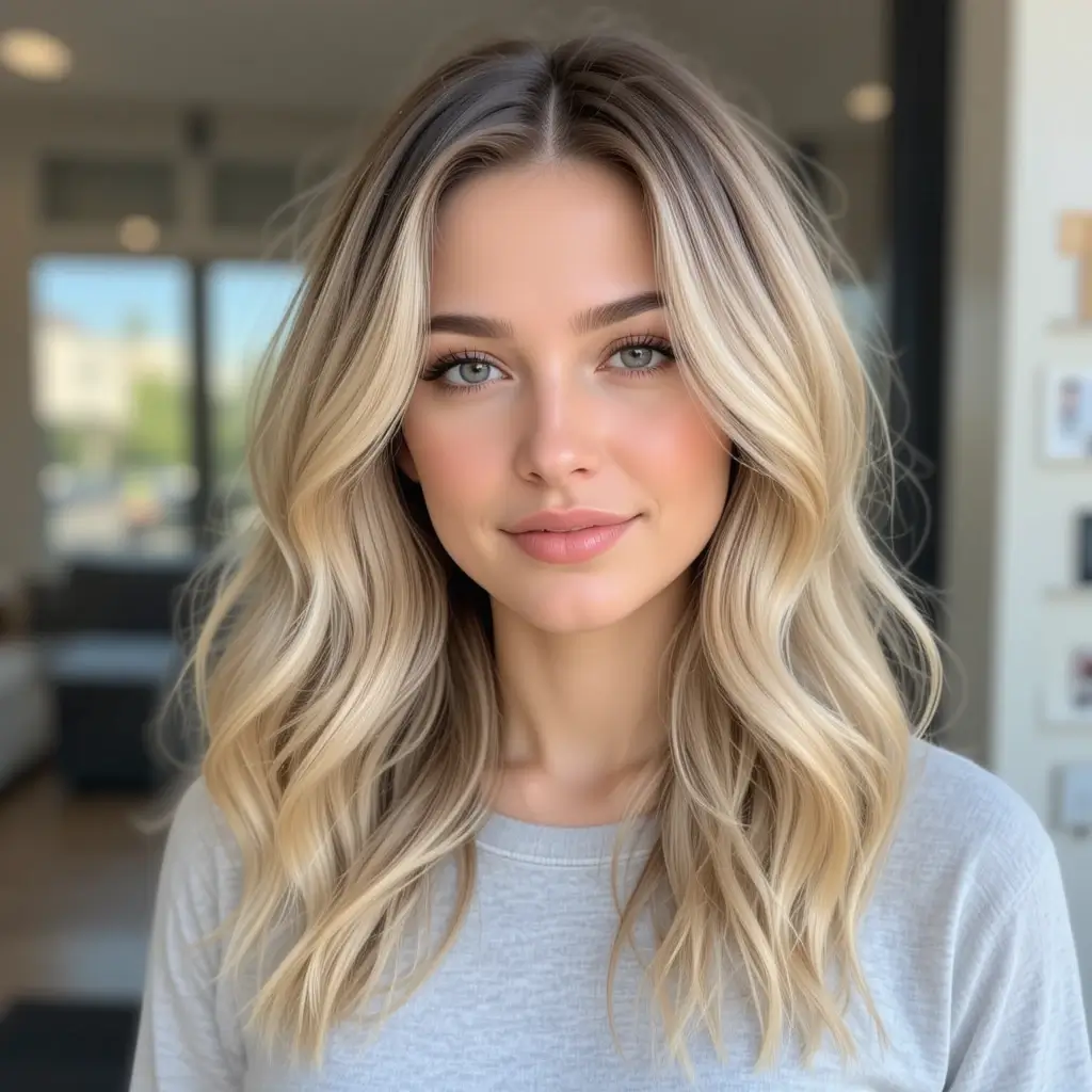 Beachy Blonde Waves with Dark Roots