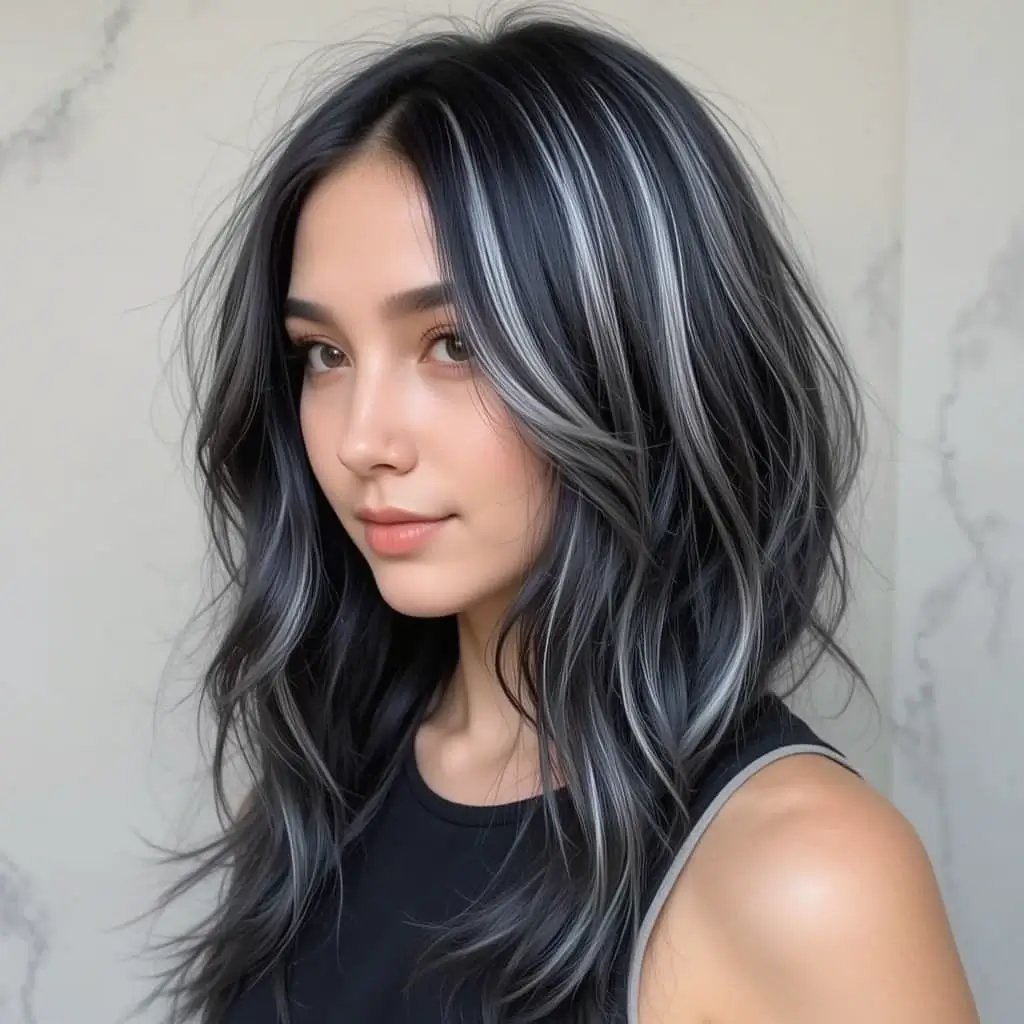 Black Espresso Hair with Silver Streaks