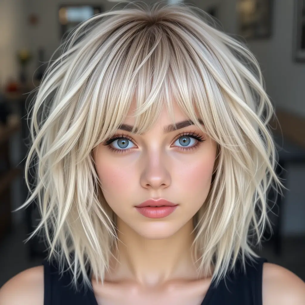 Blonde Shag Cut with Choppy Bangs