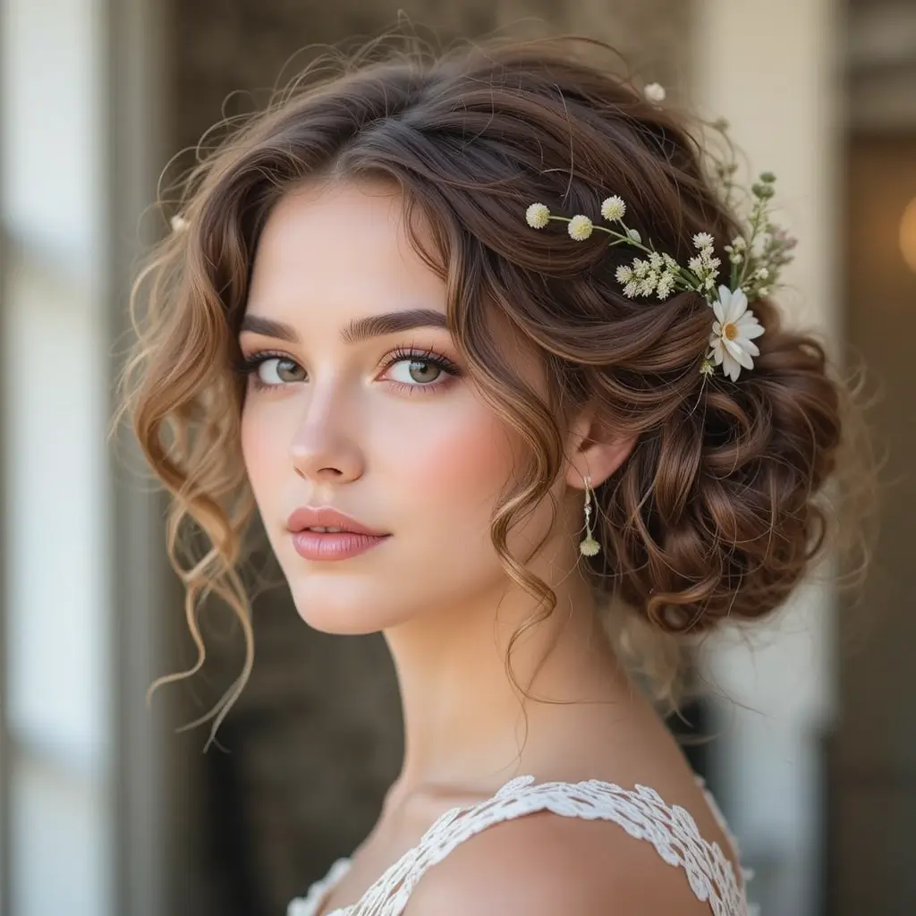 Bohemian Curly Updo with Flowers