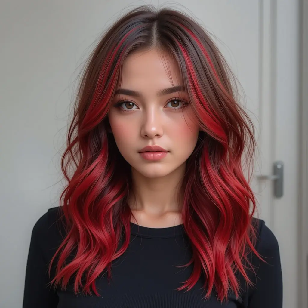 Bold Fire-Red Highlights on Brown Hair