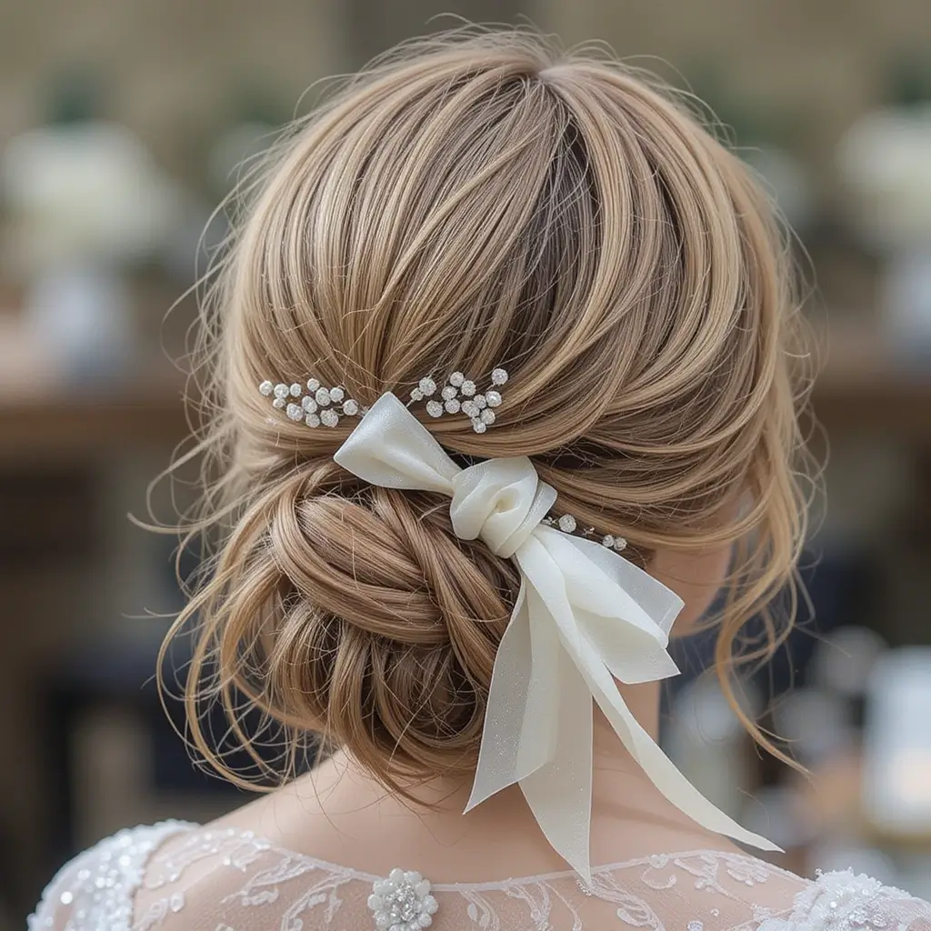 Braided Low Ponytail with Satin Ribbon