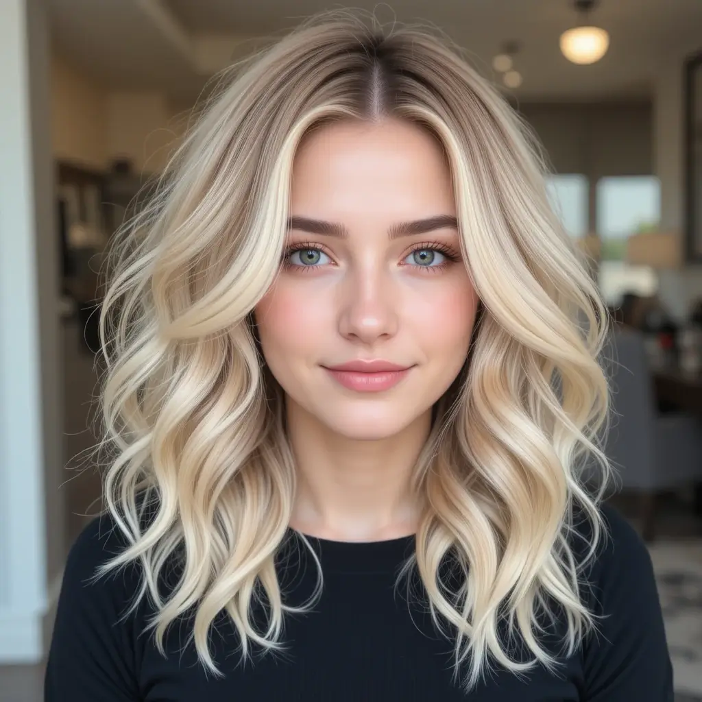 Buttery Blonde Shoulder-Length Hair with Soft Curls