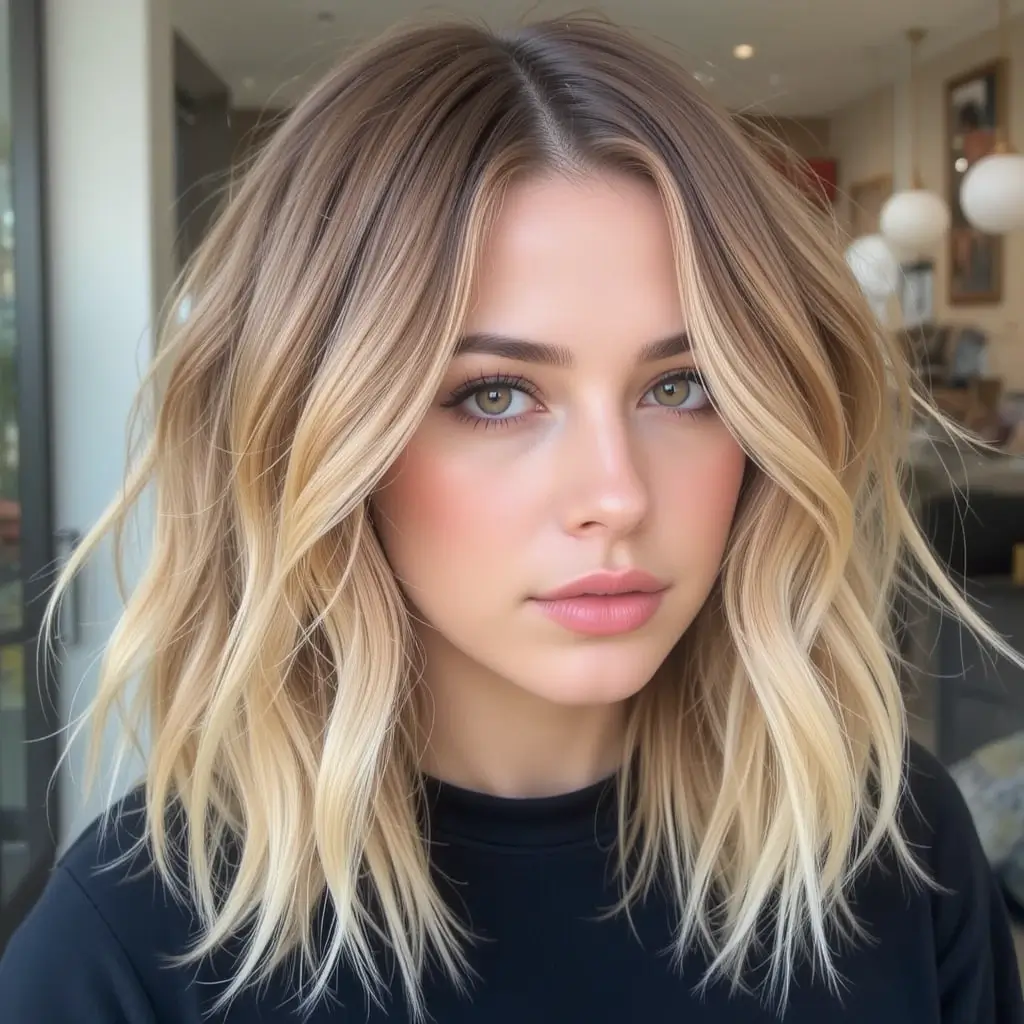 Caramel Blonde Lob with Wispy Ends