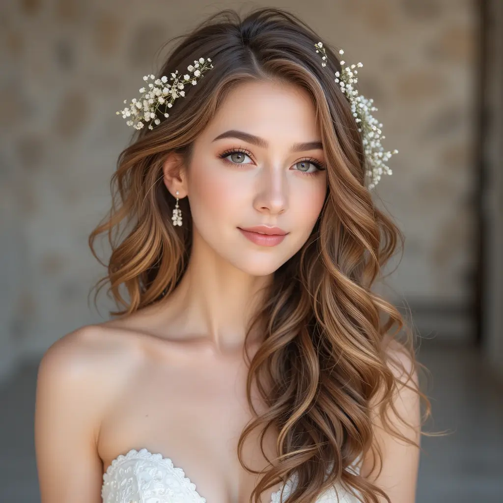Cascading Curls with Baby’s Breath