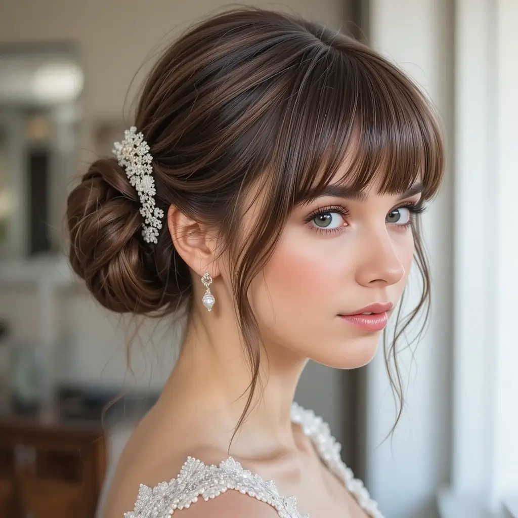 Classic Bridal Bun with Curtain Bangs
