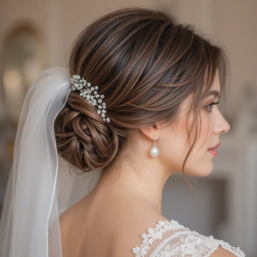 Classic Low Bun with Veil Placement
