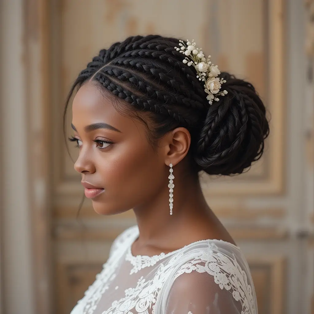 Cornrow Bun with Floral Pins