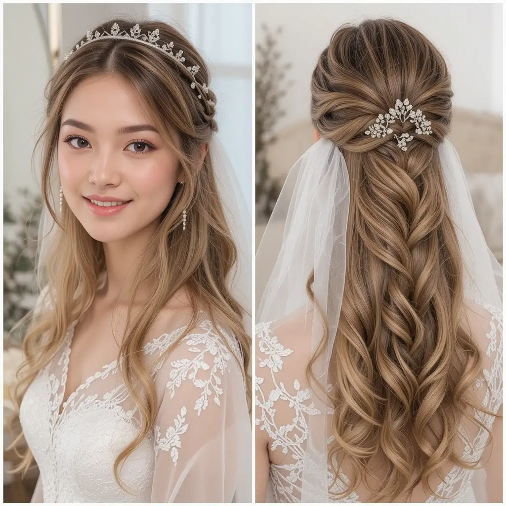 Crown Braid Half-Up with Veil