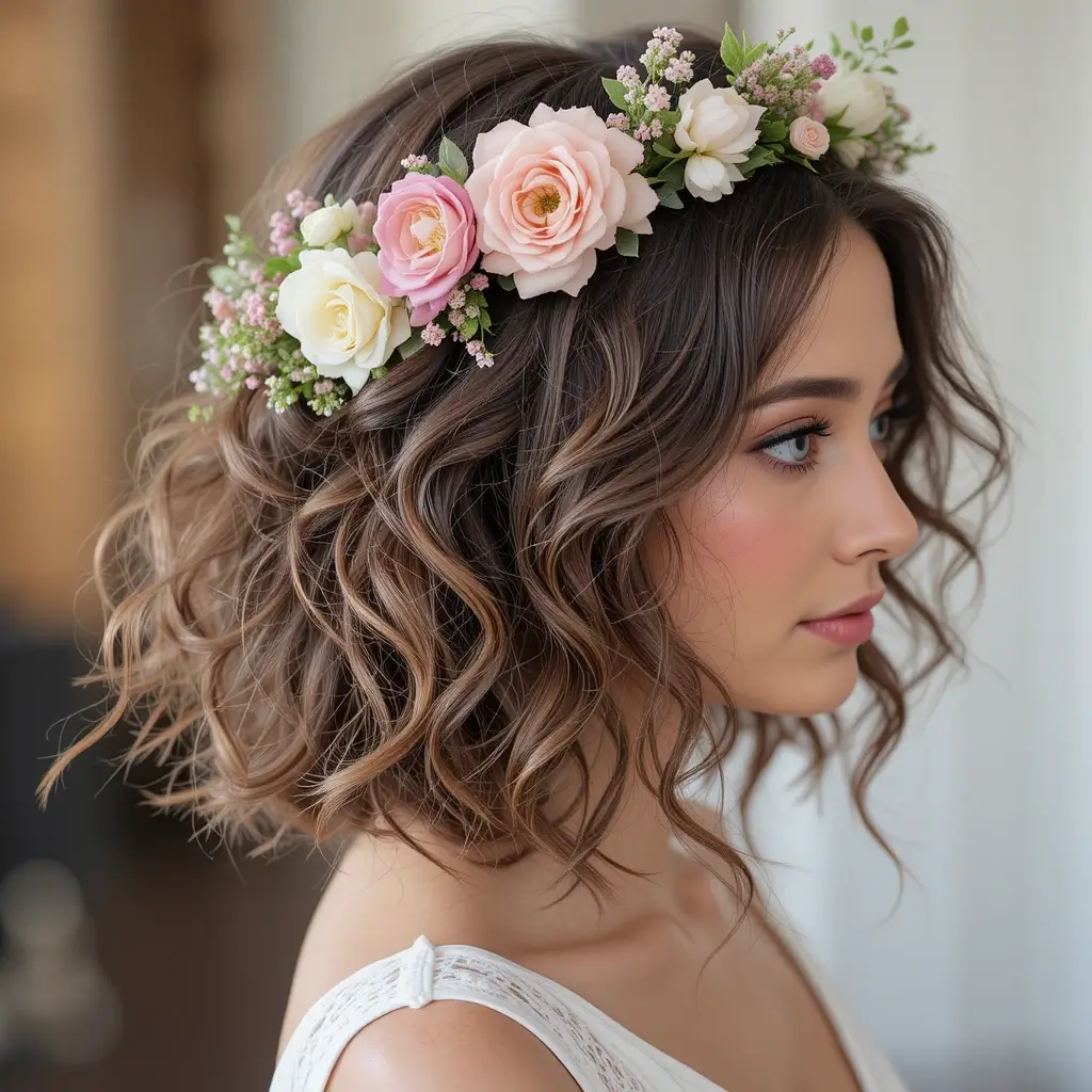 Curly Bob with Flower Crown