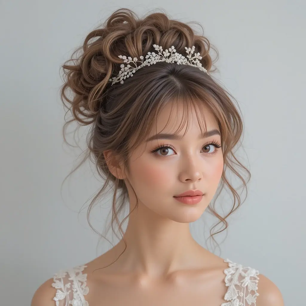 Curly High Bun with Bangs