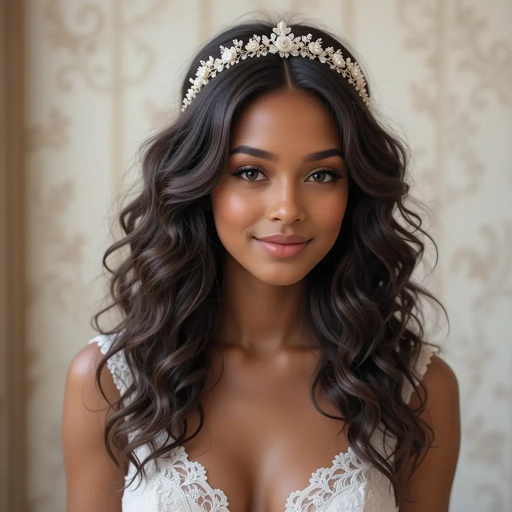 Defined Curls with a Delicate Headpiece