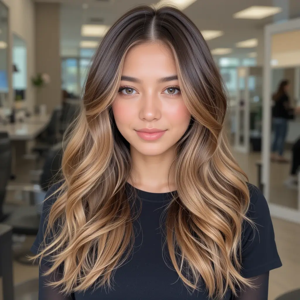Dimensional Caramel Balayage with Glossy Finish
