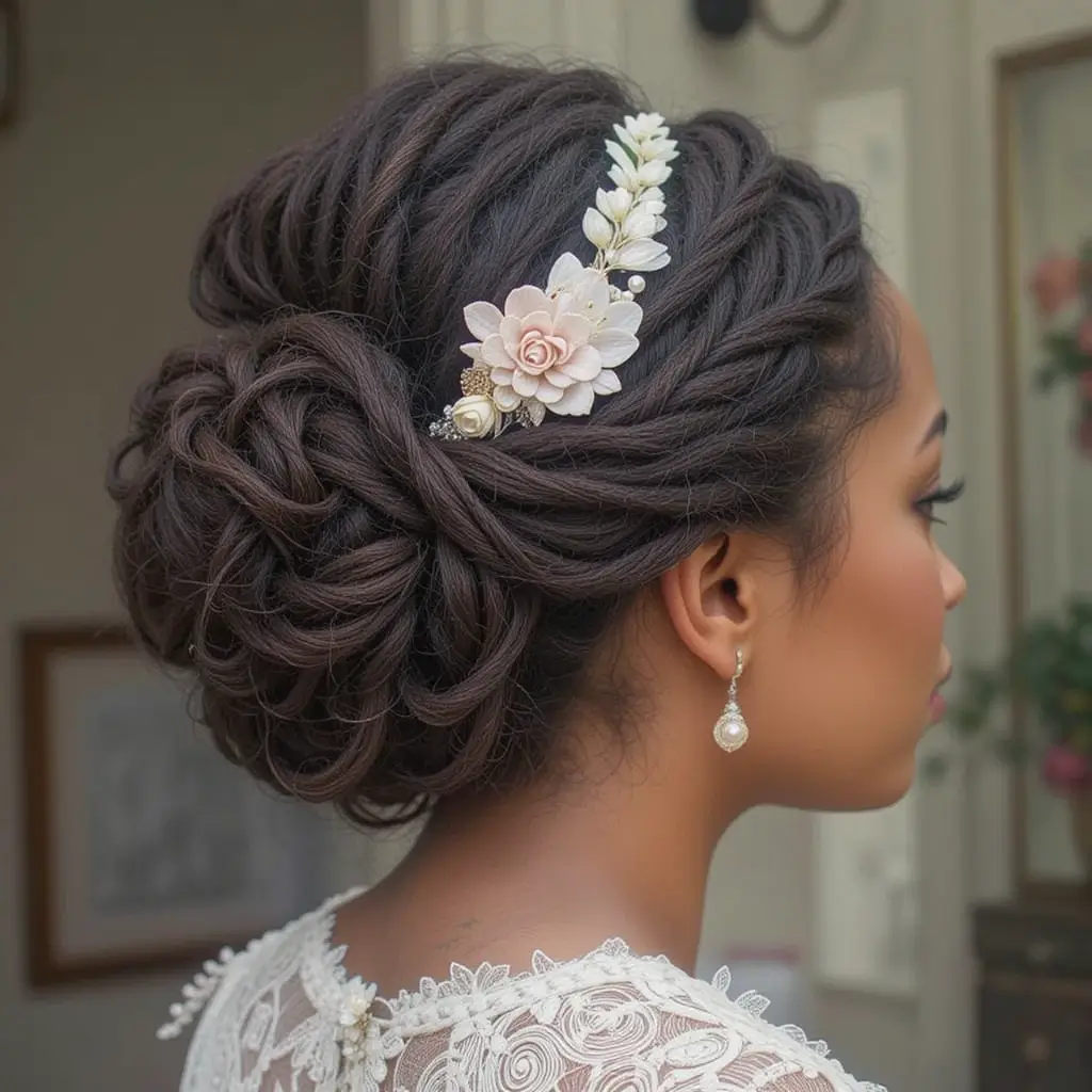 Dreadlock Updo with Floral Accents