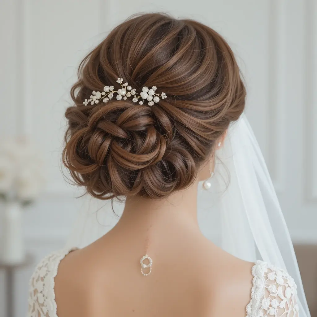 Elegant Curled Updo with Veil