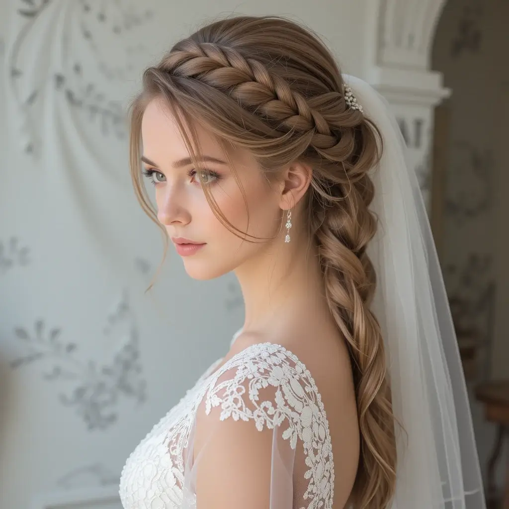Fishtail Braid with Veil