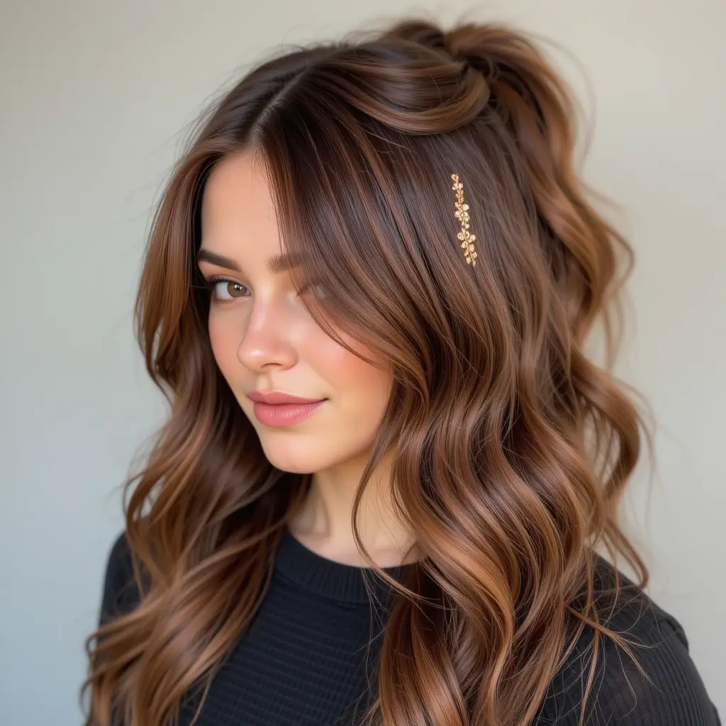 Golden Copper Money Piece on Chestnut Brown Hair