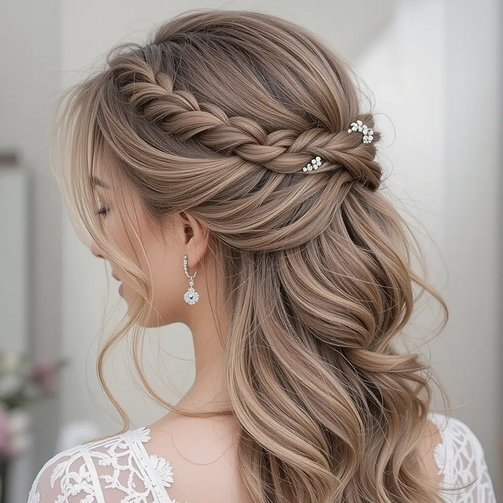 Half-Up Fishtail Braid with Waves