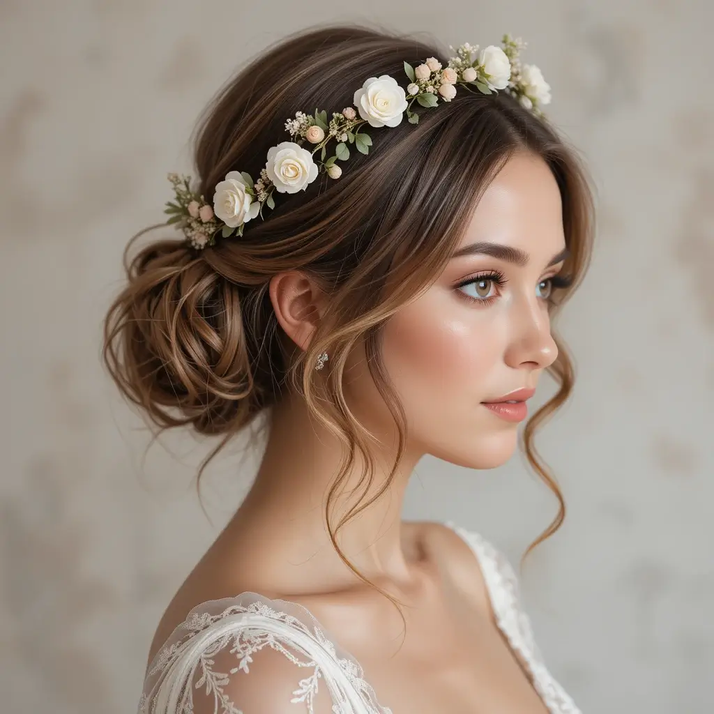Half-Up Floral Crown with Loose Waves