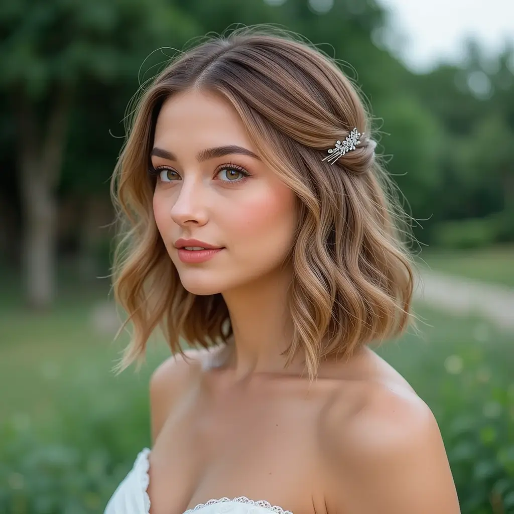 Half-Up Wavy Bob with Hair Clip