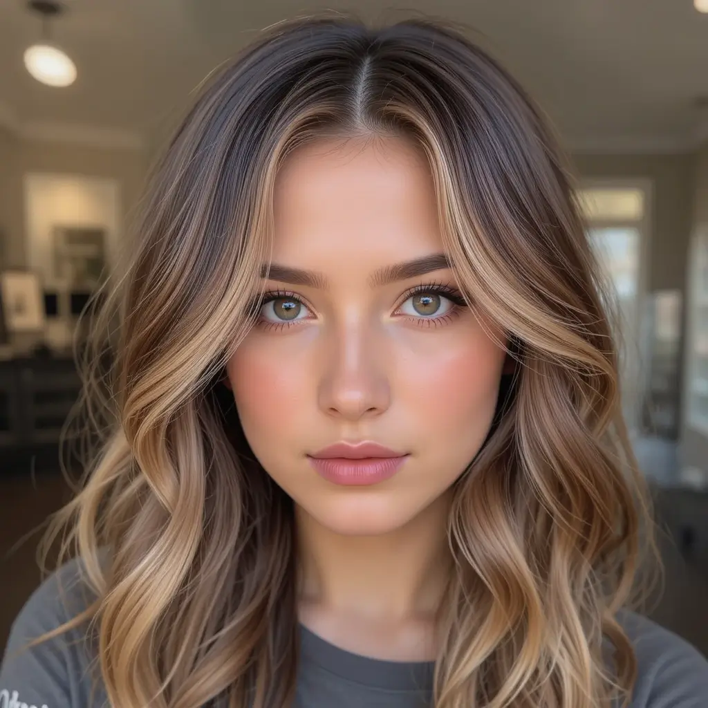 Hazelnut Brown with Blonde Face-Framing Highlights