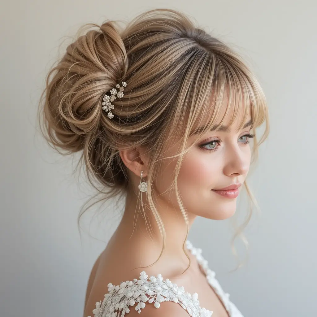 High Messy Bun with Curtain Bangs