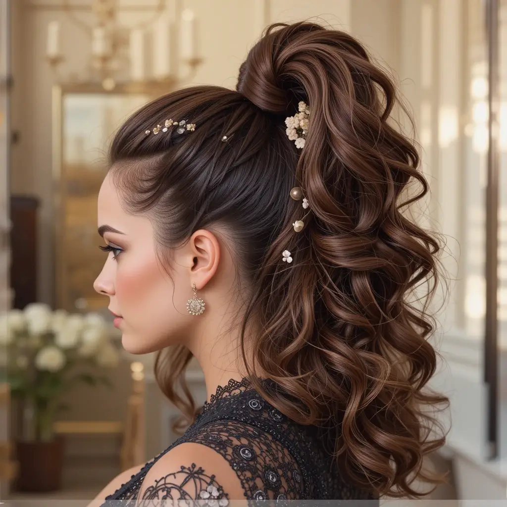 High Ponytail with Voluminous Curls