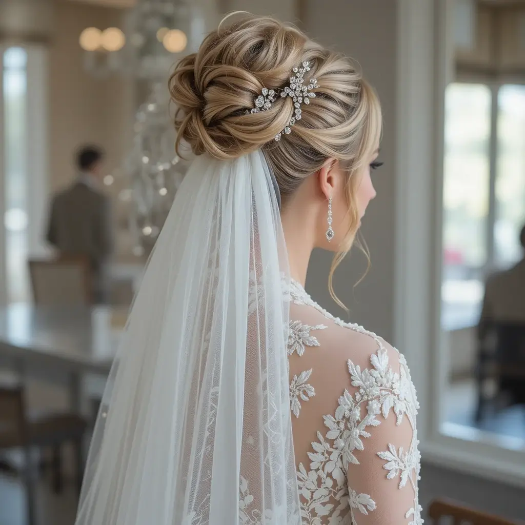 High Textured Bun with a Veil