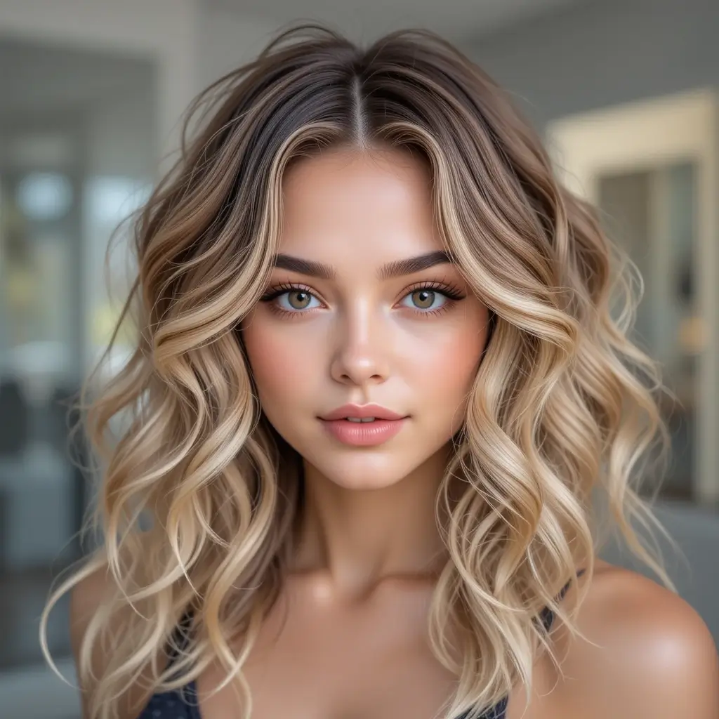 Layered Hair with Loose Curls and Highlights