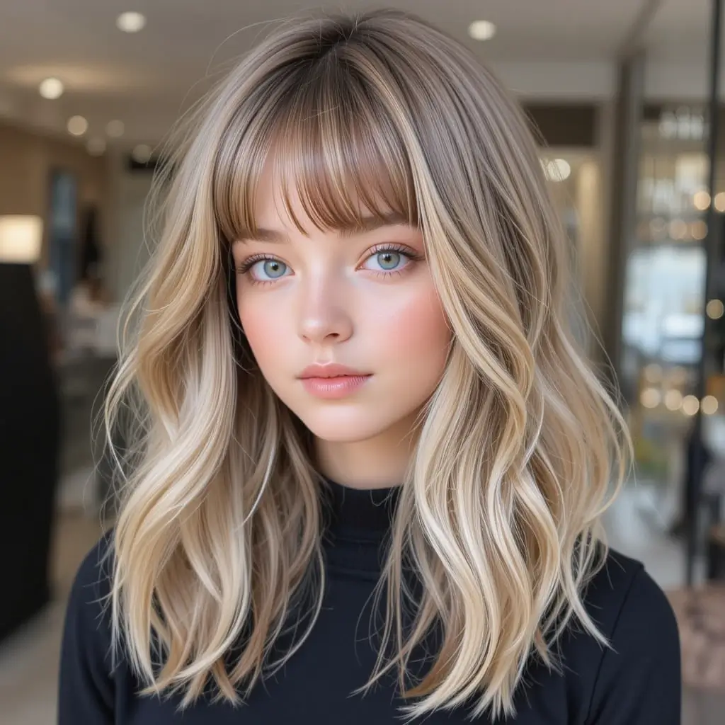 Long Layered Hair with Face-Framing Bangs