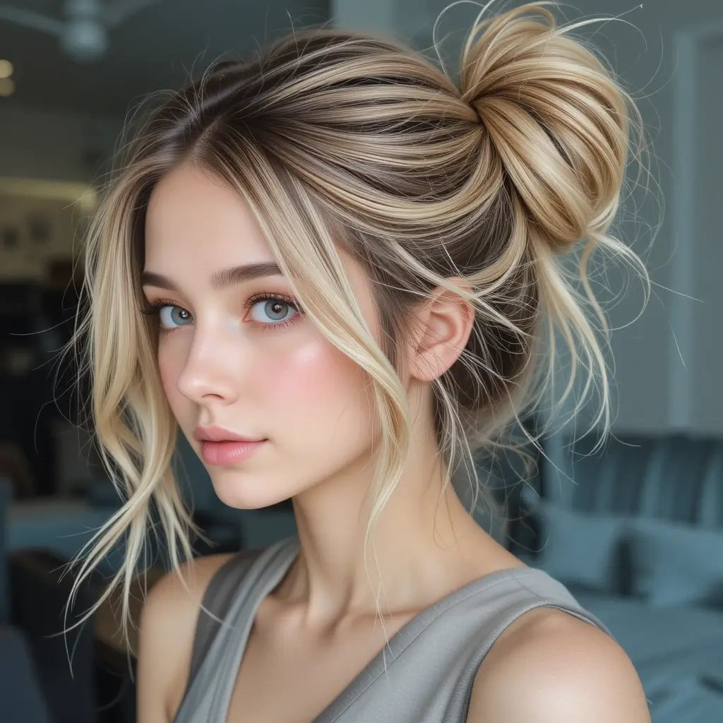 Long Layered Hair with Messy Bun
