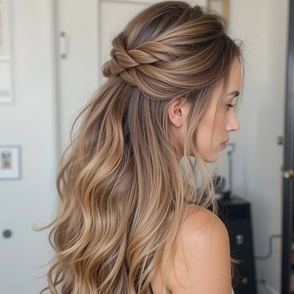 Long Layered Hair with Twisted Half-Up