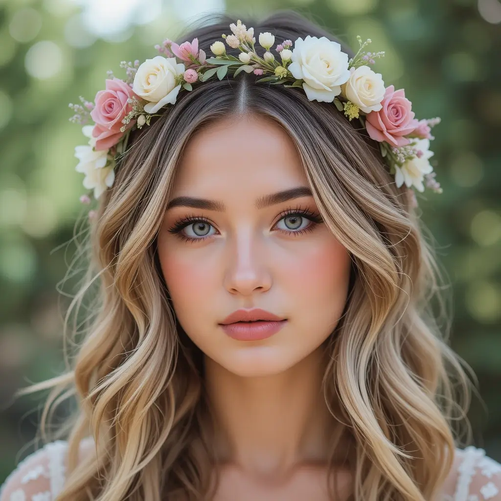 Loose Boho Waves with a Floral Crown