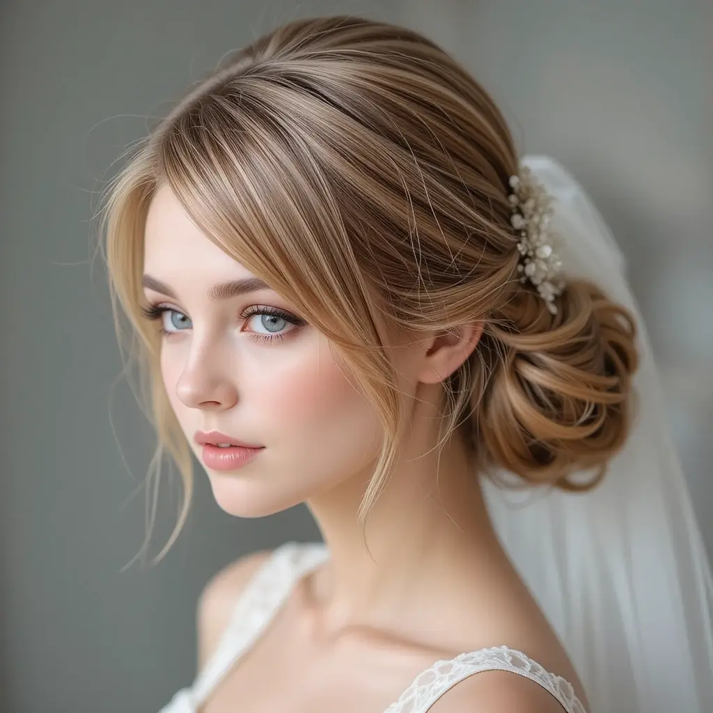 Loose Chignon with Side Swept Bangs and Veil