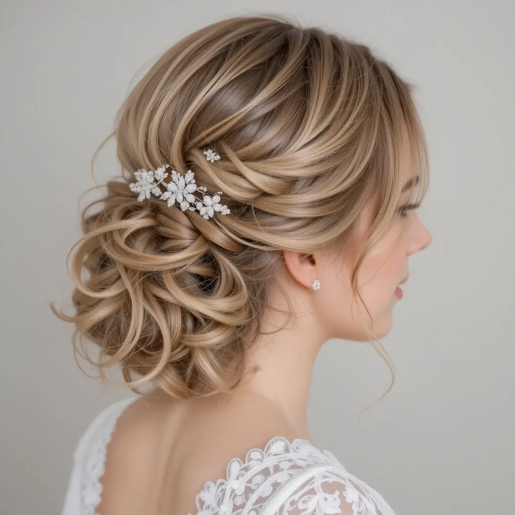 Loose Curly Chignon with Tendrils