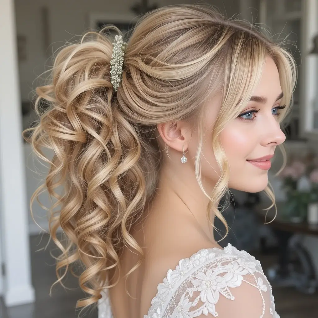 Loose Curly Ponytail with Side-Swept Bangs