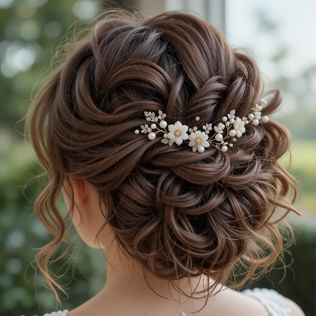 Loose Curly Updo with Floral Pins