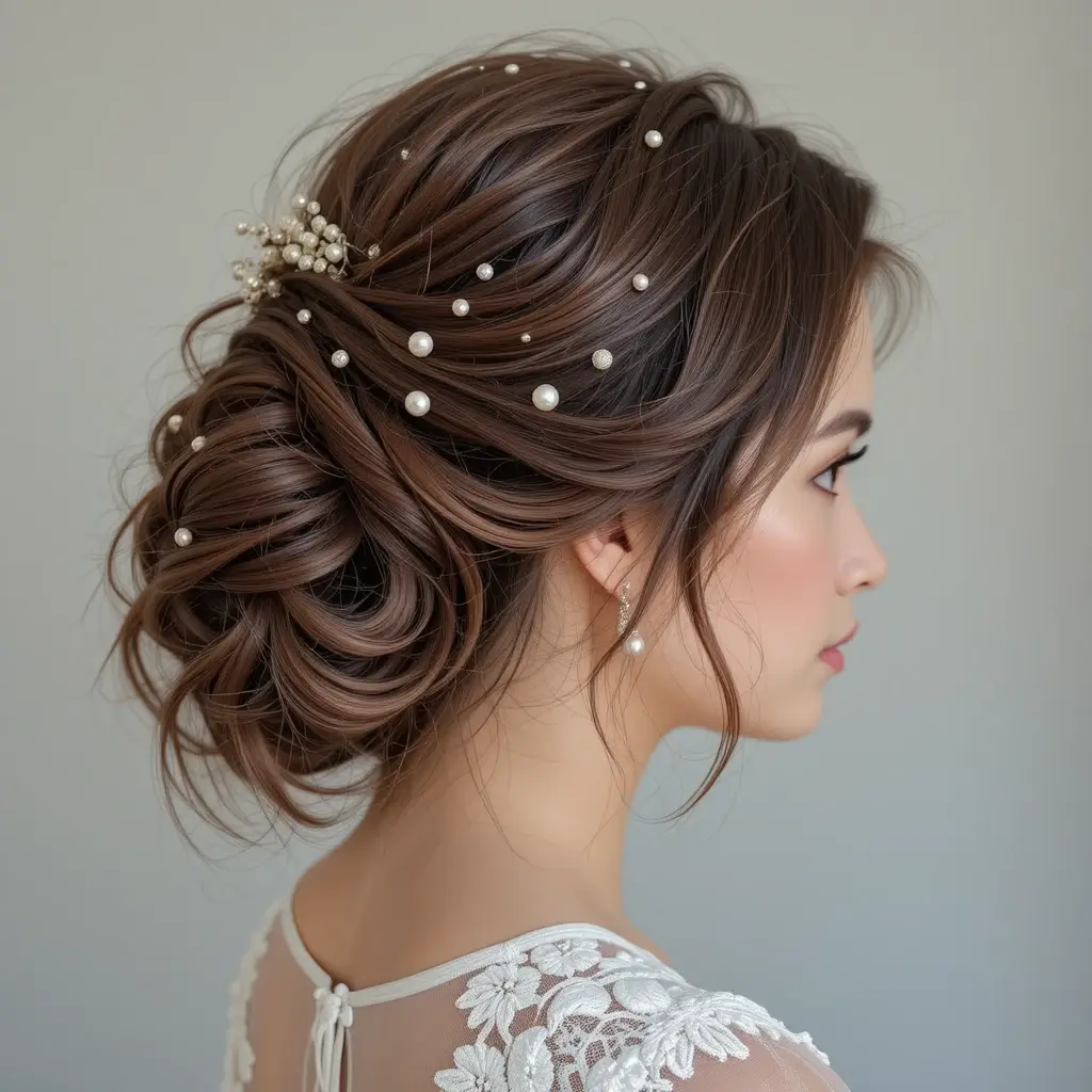 Loose Curly Updo with Pearls