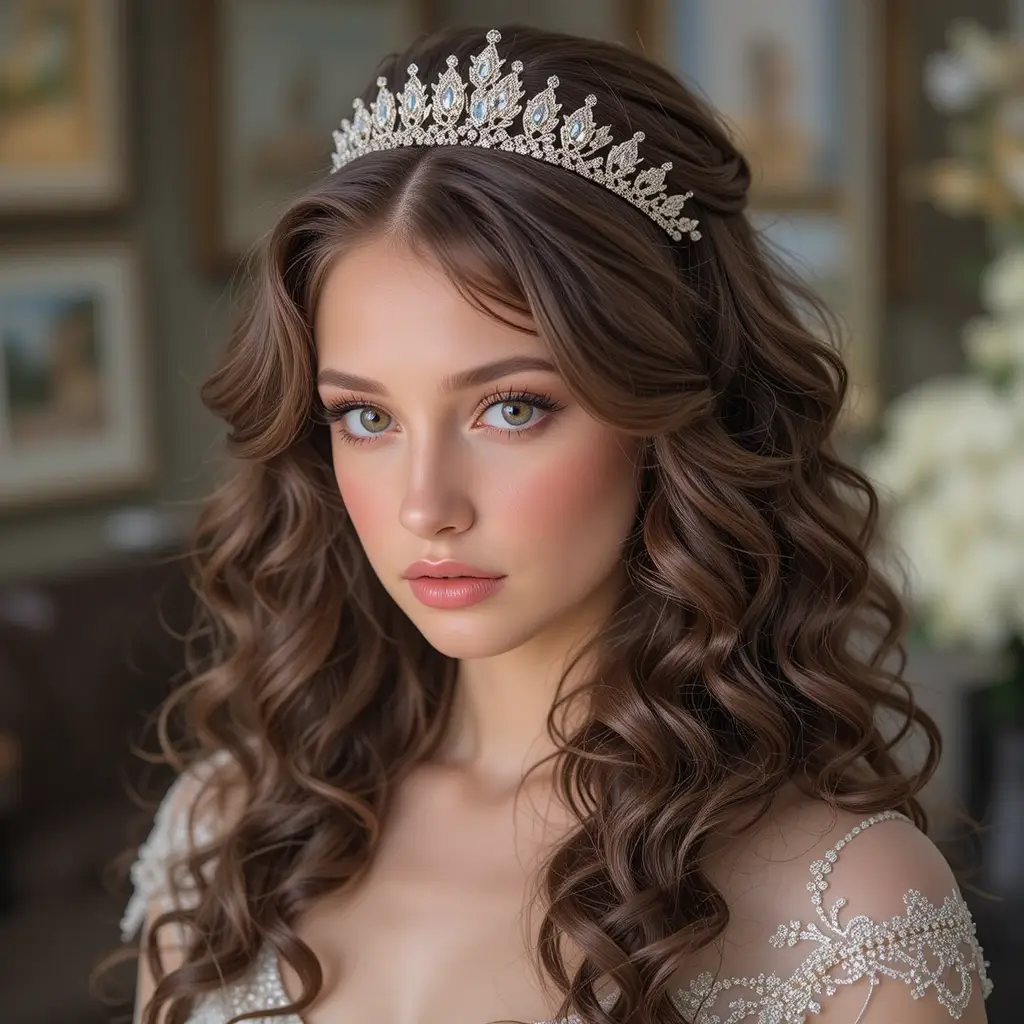 Loose Curly Waves with a Tiara