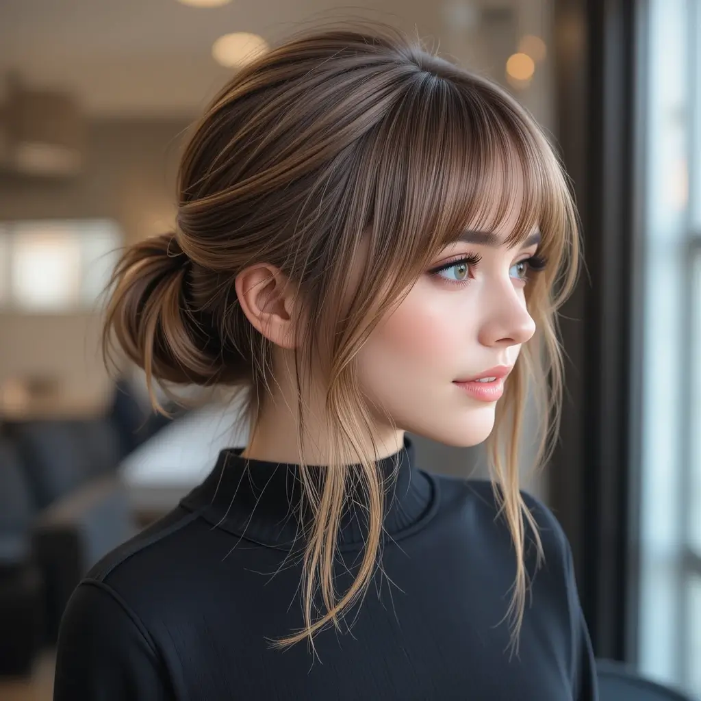  Loose Messy Bun with Side Bangs