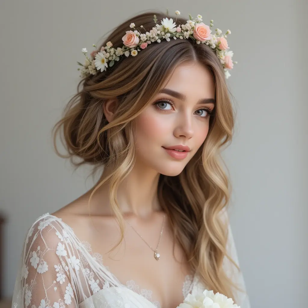 Loose Waves with Floral Crown