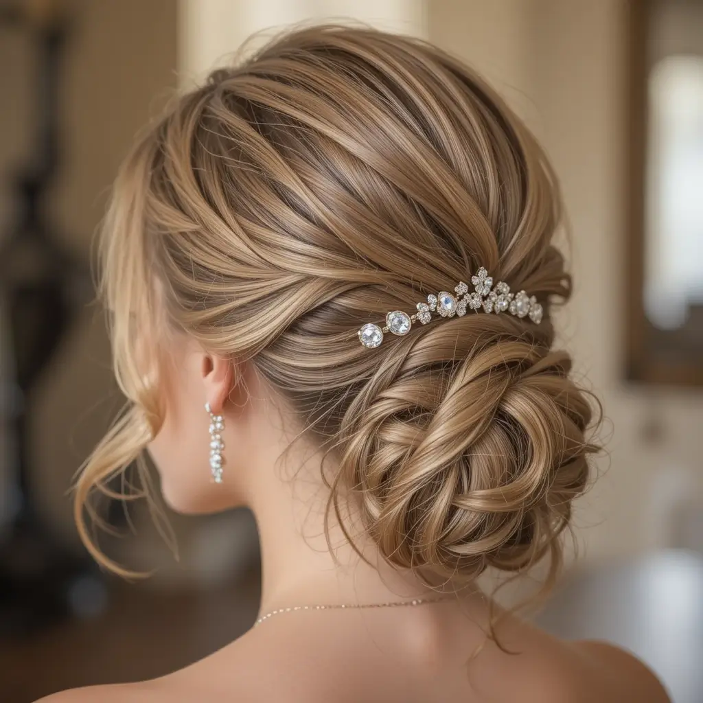 Low Braided Bun with Rhinestone Pins