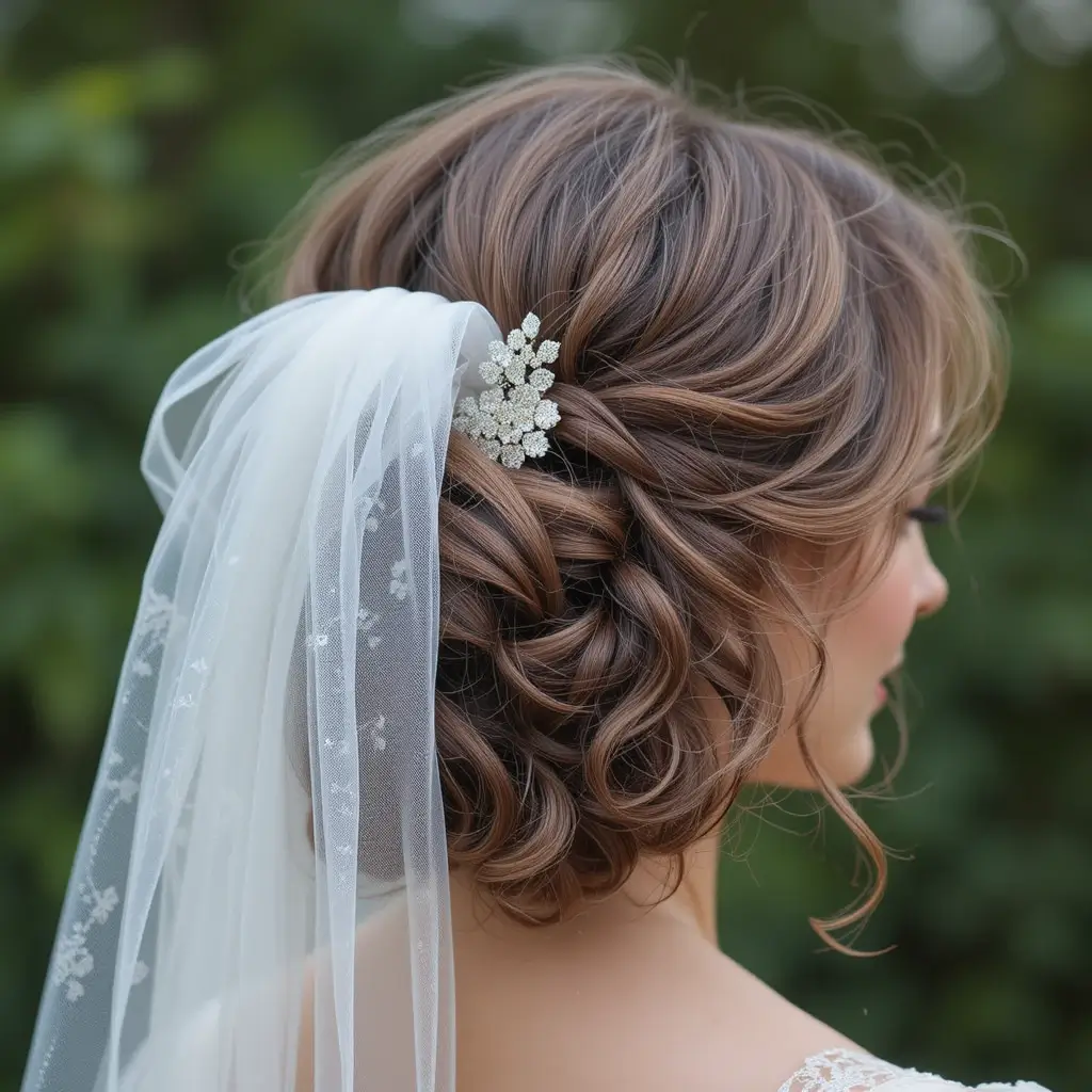 Low Curly Bun with Veil