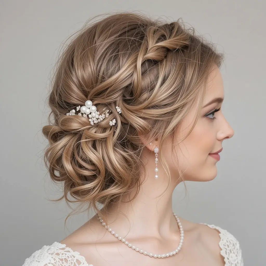 Low Curly Side Bun with Twists