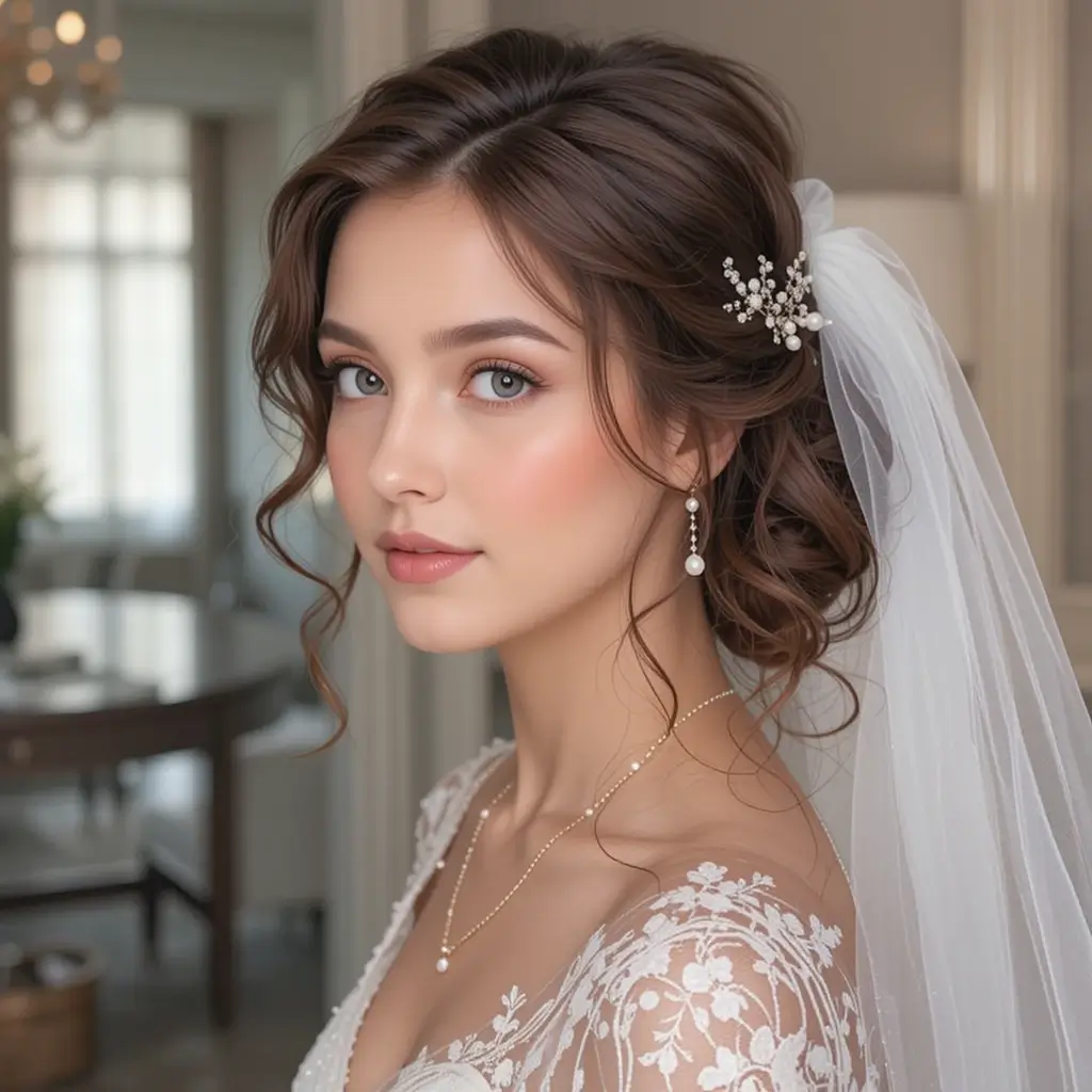 Low Curly Updo with a Veil