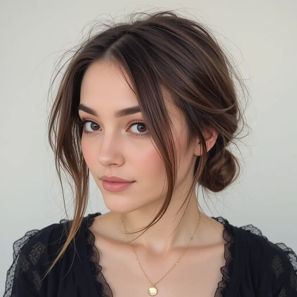  Low Messy Bun with Side Part